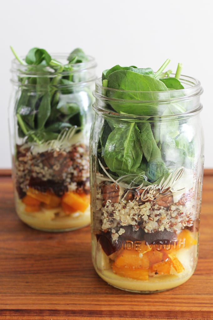 A quick and easy Meatless Monday meal on the go! Get the recipe for this roasted butternut squash and quinoa mason jar salad. | FitLiving Eats